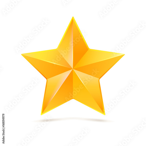 Realistic yellow five-pointed star. Symbol of victory in competitions or contests  template for your design. 3D Illustration on white background.