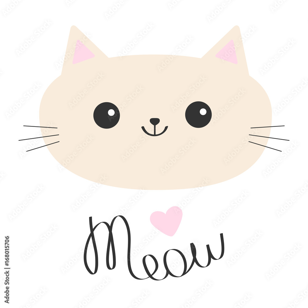 Cat head icon. Cute funny cartoon character. Meow lettering text. Pink  heart. Happy emotion. Kitty Kitten Whisker Baby pet collection. White  background. Isolated. Flat design. Stock Vector | Adobe Stock