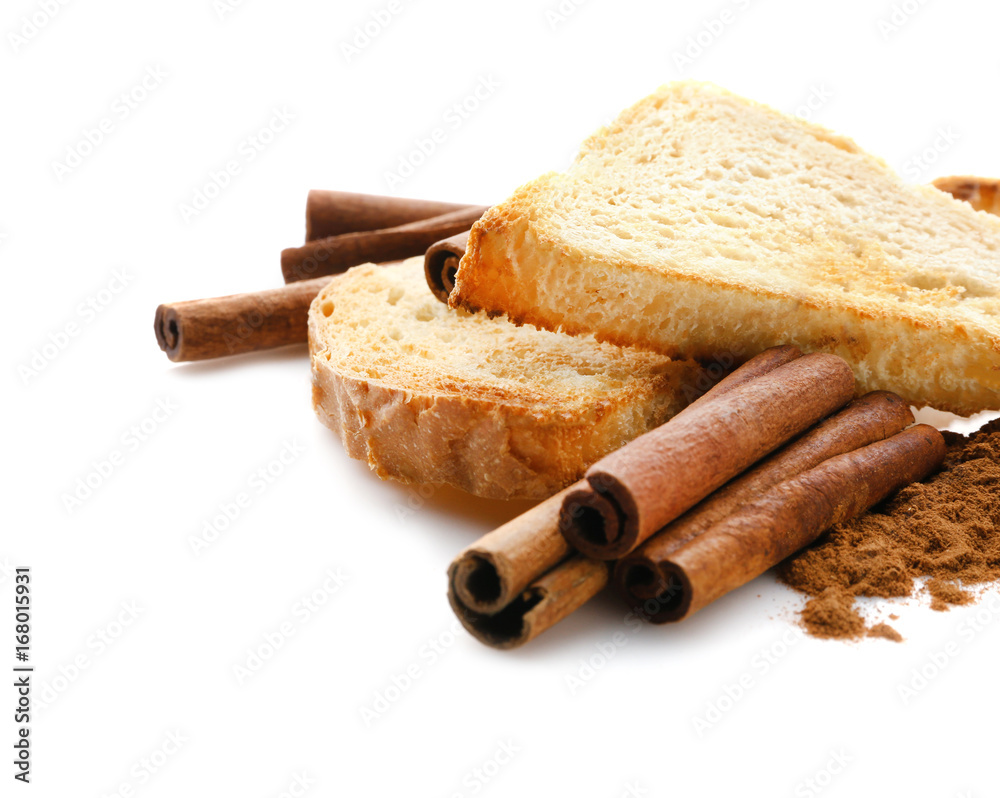 Tasty cinnamon toasts on white background Tasty cinnamon toasts on white background