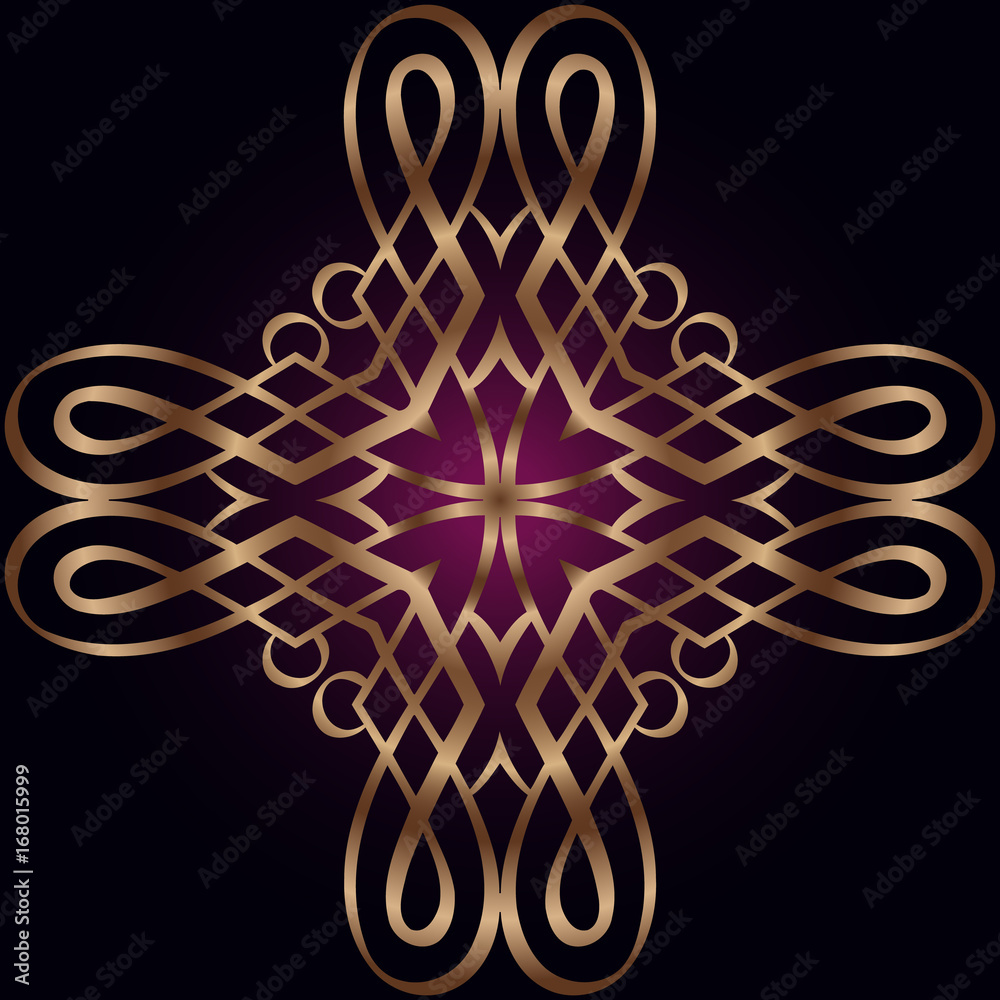 Abstract symmetrical ornate gold vintage pattern on a dark background