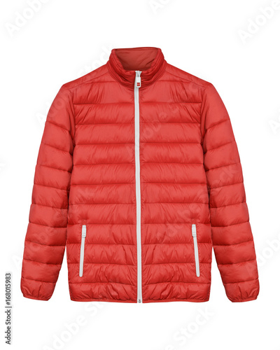 Red men sport ski winter down jacket isolated white photo