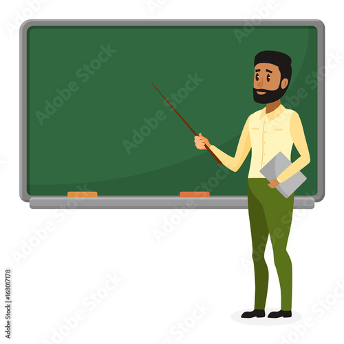 Young Arab teacher in modern clothes standing near blackboard in classroom at school, college or university. Flat design cartoon brazil or muslim male character.