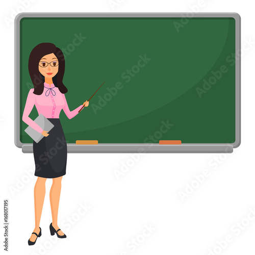 Young female teacher near blackboard teaching student in classroom at school, college or university. Flat design cartoon woman character.