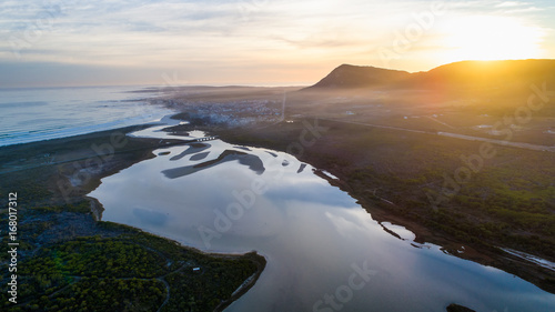 Aerial view over the Uilenkraalsmond estuary just outside Gansbaai in the Overberg region in the Western Cape of South Africa.