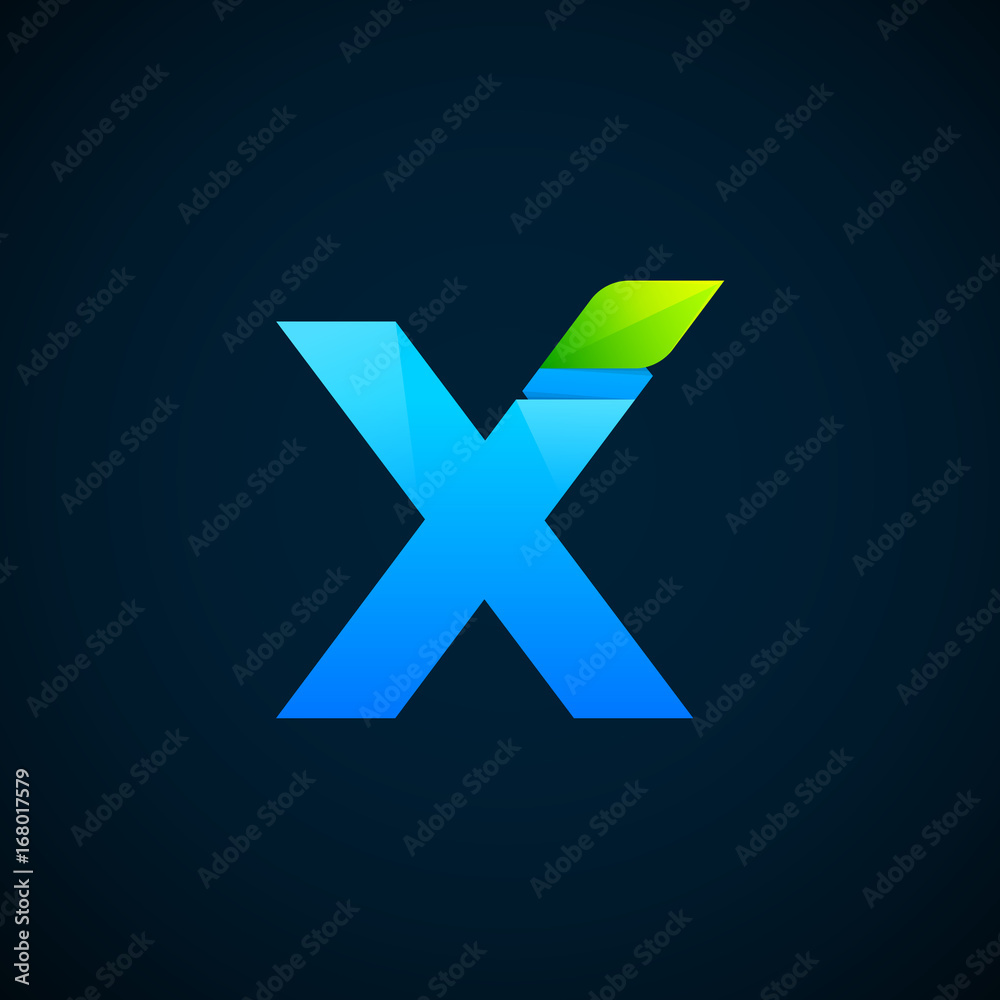 Letter X with Green leaf and Blue color, Modern glossy logotype, Vector ecology elements for corporate identity Letter X with Green leaf and Blue color, Modern glossy logotype, Vector ecology elements for corporate identity