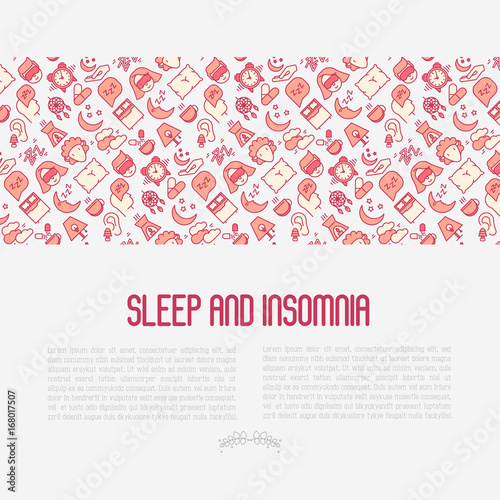 Sleep and insomnia concept with thin line icons: man in sleeping mask, comfortable pillow, alarm, aroma lamp, earplugs, sheep. Vector illustration for banner, web page, print media.
