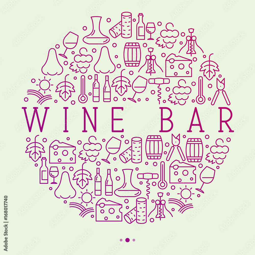 Wine bar concept in circle for restaurant menu of natural alcohol drinks. Vector illustration with thin line icons related with wine making and winery. Wine bar concept in circle for restaurant menu of natural alcohol drinks. Vector illustration with thin line icons related with wine making and winery.
