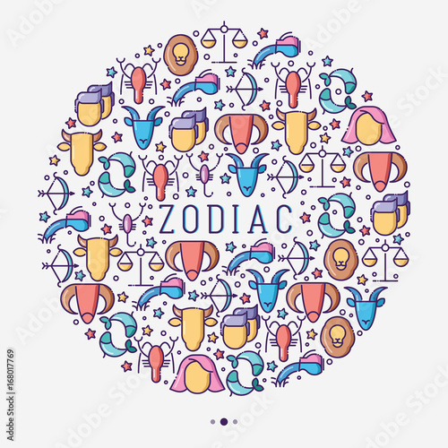 Zodiac signs concept in circle with thin line icons for banner with horoscope, web site or background. Vector illustration.