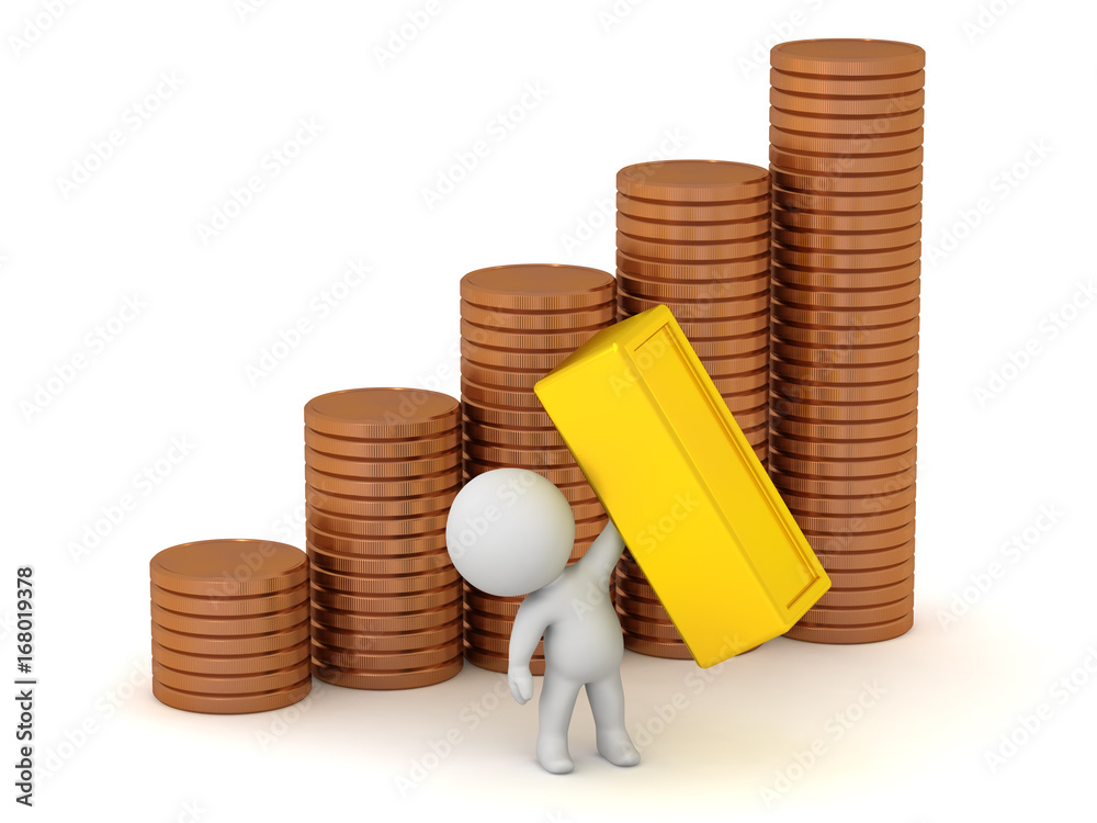Φωτογραφία 3D Character with Stacks of Coins and Gold Bar