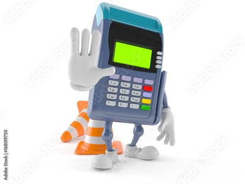 Credit card reader character with traffic cone