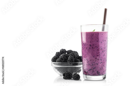 Blackberry yogurt smoothie in glass and fresh berries series
