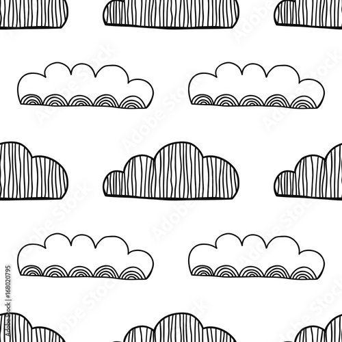 Decorative clouds. Black and white illustration, seamless pattern for coloring book, pages. Vector
