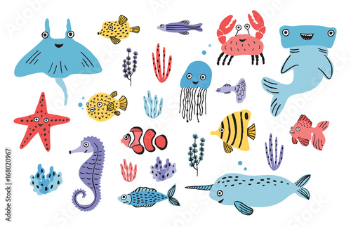 Sea life set. Hand drawn algae, blowfish, jellyfish, crab, hammerhead shark, ...