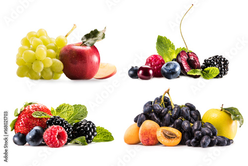 collage with various fresh fruits and berries isolated on white
