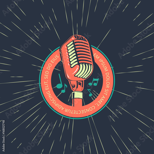Karaoke music club, bar, audio record studio vector logo with microphone on vintage
