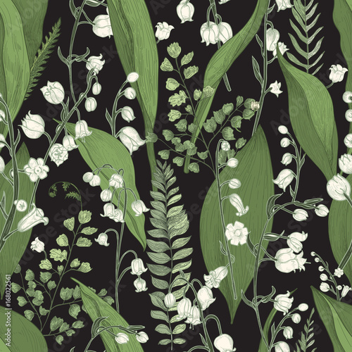 Lily of the valley with fern seamless pattern. Hand drawn texture with flowers, buds, leaves and stems. Colorful vector illustration.