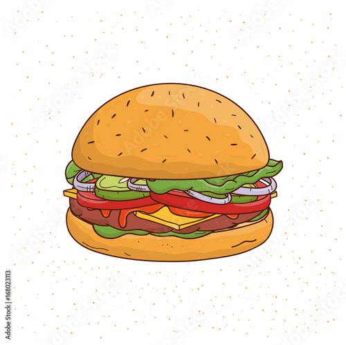 Burger with cheese, cucumber, cutlet, lettuce, onion, sauce, tomato, beef and...