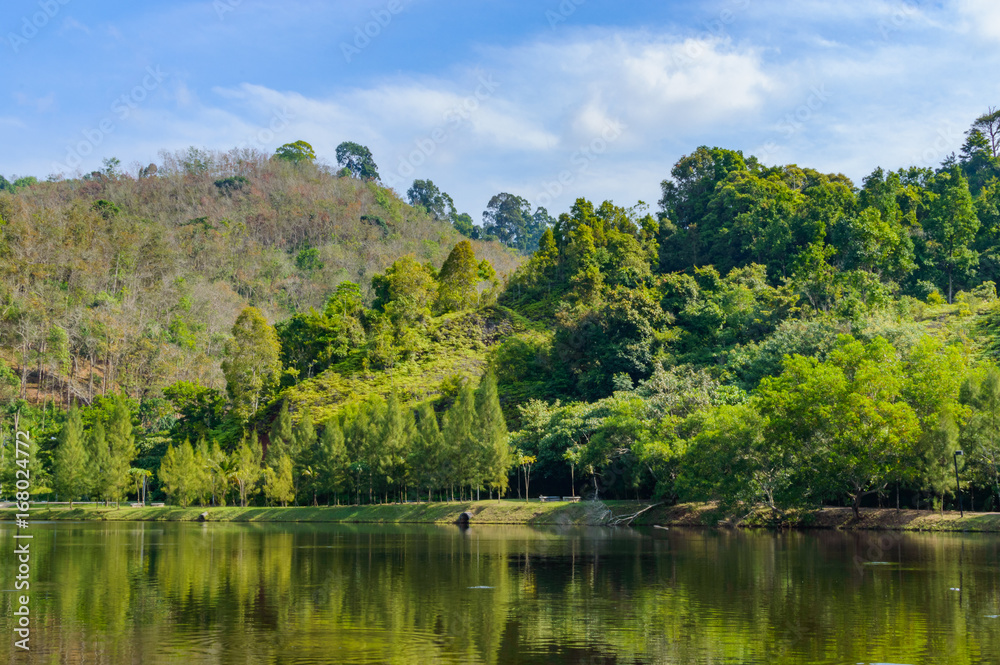 Tropical landscape, lake and hills in Kathu district on Phuket Tropical landscape, lake and hills in Kathu district on Phuket