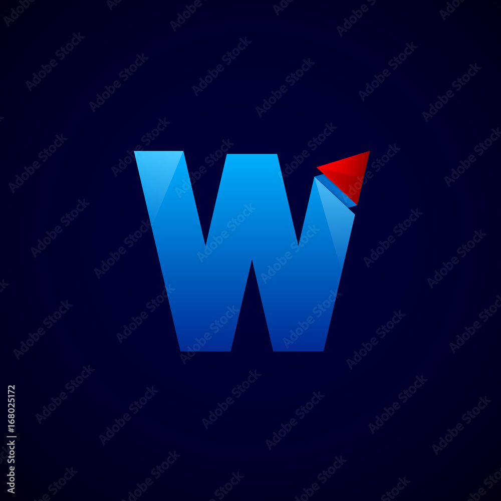 Letter W with Modern glossy and Triangle logo, Arrow and forward, Vector abstract origami, Digital, Technology, Media logotype