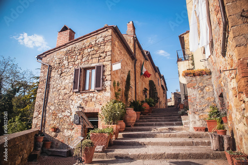 Beautiful street of the old stone city. Pienza, Italy.