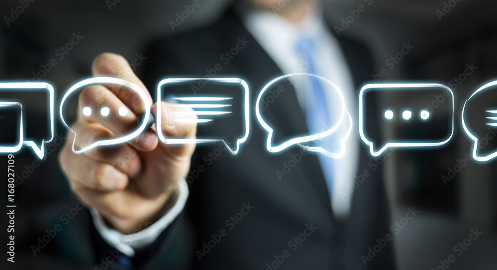 Businessman drawing discussion icons sketch Businessman drawing discussion icons sketch