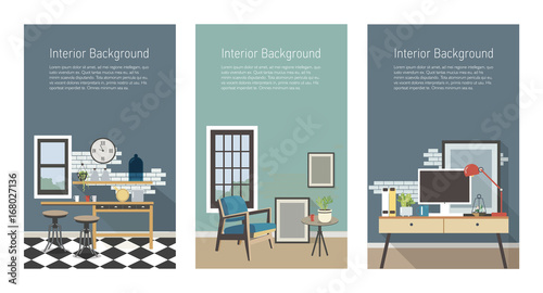 Modern interior banners set. Kitchen, living room, workplace in loft style. C...