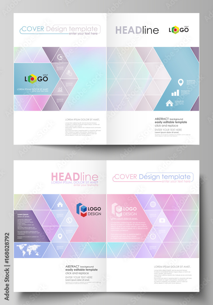 Fototapeta premium Business templates for bi fold brochure, flyer. Cover design template, abstract vector layout in A4 size. Hologram, background in pastel colors, holographic effect. Blurred pattern, futuristic texture