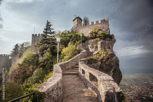 Stairway to Guaita Tower on Mount Titano. San Marino, Italy