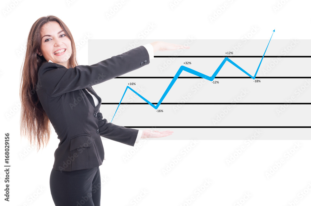 Happy business woman holding financial increasing chart Happy business woman holding financial increasing chart