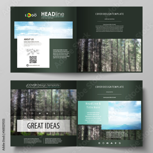 Templates for square design bi fold brochure, flyer. Leaflet cover, vector layout. Colorful background made of triangular or hexagonal texture, travel business, natural landscape in polygonal style
