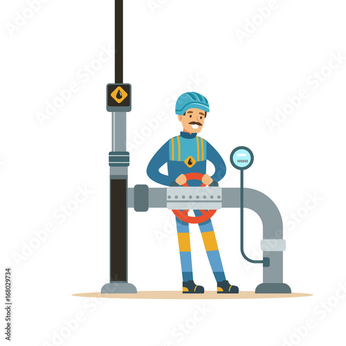 Oilman worker on an oil pipeline controlling gauges, transportation of oil and petrol vector illustration