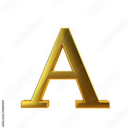 Shiny gold letter A on a plain white background. 3D Rendering