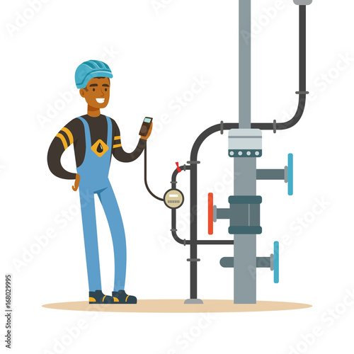 Black oilman worker on an oil pipeline controlling gauges, transportation of oil and petrol vector illustration photo