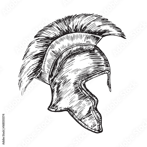 Helmet of the Roman Legionnaire, hand drawn doodle, sketch in woodcut style, black and white vector illustration