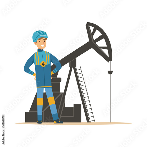 Smiling oilman standing next to an oil rig drilling platform, oil industry extraction and refinery production vector Illustration