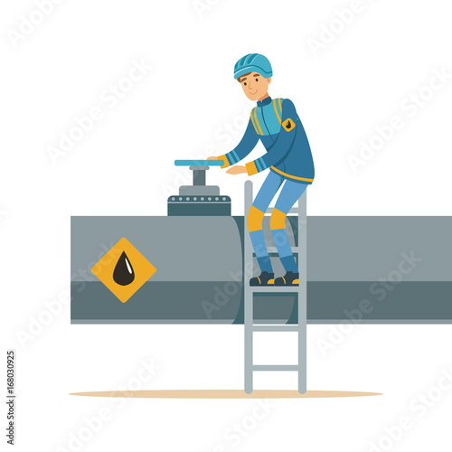 Oilman working on an oil pipeline, transportation of oil and petrol vector illustration