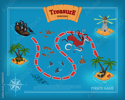 Pirate game in cartoon style. Seascape with a path image. Mobile interface with island and sea monsters: shark, kraken. Vector illustration