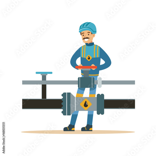 Smiling oilman working on an oil pipeline, transportation of oil and petrol vector illustration