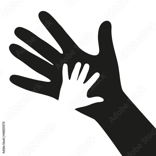 Hand with a child's hand on a white background