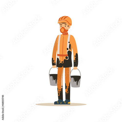 Oilman in orange stained uniform standing with buckets full of oil, oil industry extraction and refinery production vector Illustration