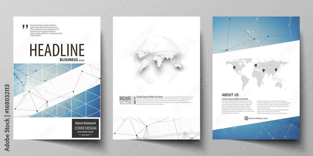 Business templates for brochure, flyer, booklet, report. Cover design template, vector layout in A4 size. Geometric blue color background, molecule structure, science concept. Connected lines and dots