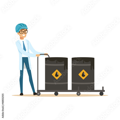 Oilman worker filling oil barrels, oil refinery production and transportation vector Illustration