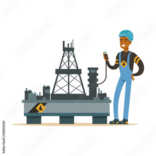 Oilman inspecting equipment on an oil rig drilling platform, oil industry extraction and refinery production vector Illustration