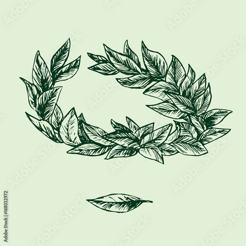 Laurel crown, hand drawn doodle, sketch in woodcut style, black and white vector illustration
