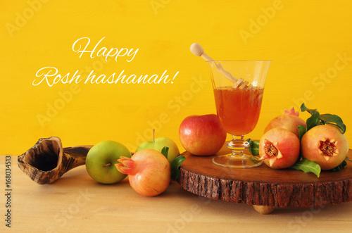 Rosh hashanah (jewish New Year holiday) concept. Traditional symbols