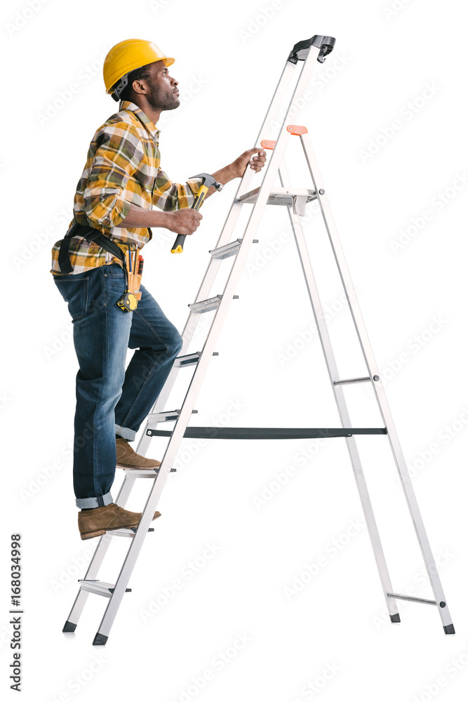handsome construction worker on ladder handsome construction worker on ladder