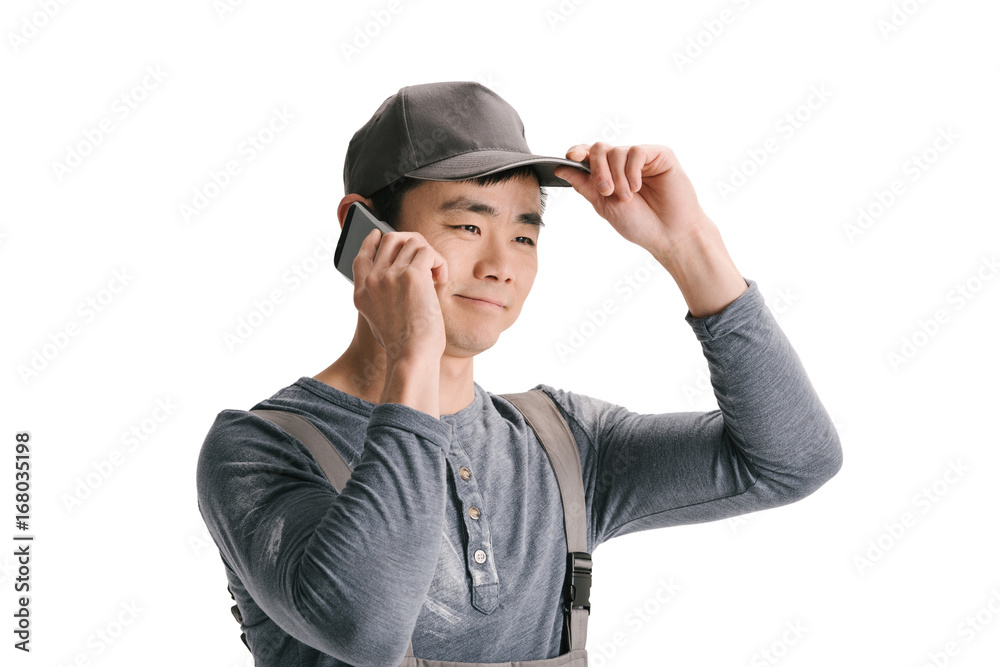 construction worker talking by phone construction worker talking by phone