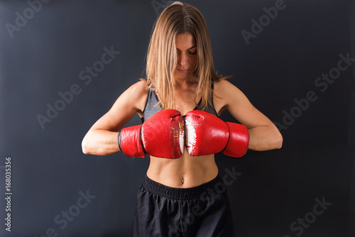 Portrait Woman Boxing Gloves Dark Background