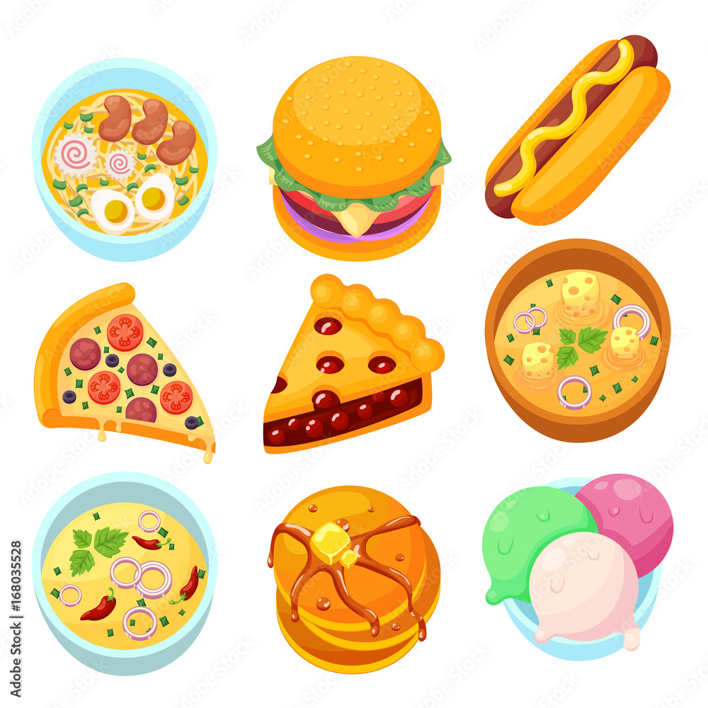 Vector - dishes food dessert and meal tasty cartoon icon set