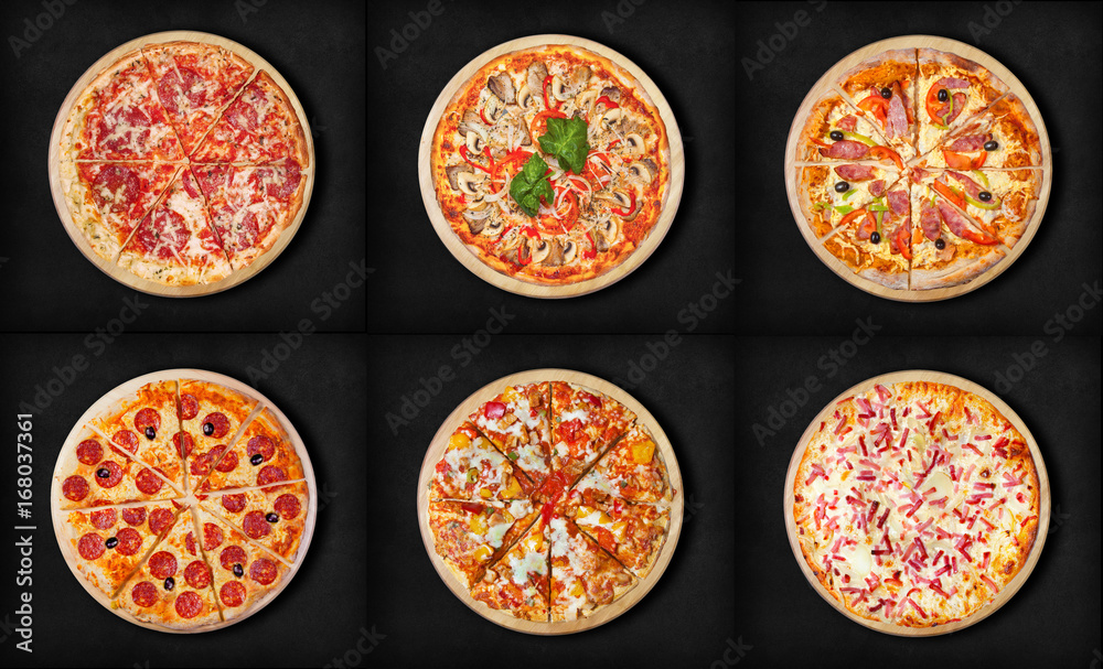 Six different pizza set for menu on a black background.Italian food traditional cuisine. Meat pizzas with salami, seafood, ham, pepperoni, barbecue and flaming pie. Six different pizza set for menu on a black background.Italian food traditional cuisine. Meat pizzas with salami, seafood, ham, pepperoni, barbecue and flaming pie.